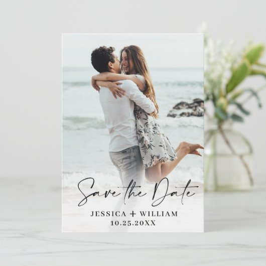 Einfach elegantes Hochzeitsimples Save the Date Fo (Stehend Vorderseite)