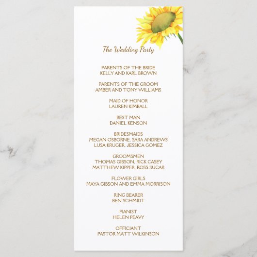 Einfach elegantes Hochzeitsprogramm für Sonnenblum Programm (Rückseite)