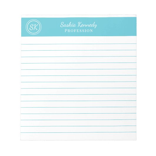 Einfach elegantes Ocean Blue Lined Monogram Notizblock (Vorderseite)