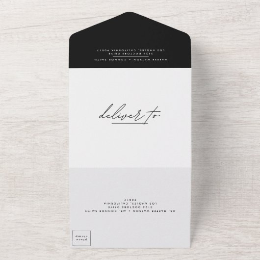 Einfach elegantes Schwarz auf weißer Hochzeit All In One Einladung (Außenbereich)