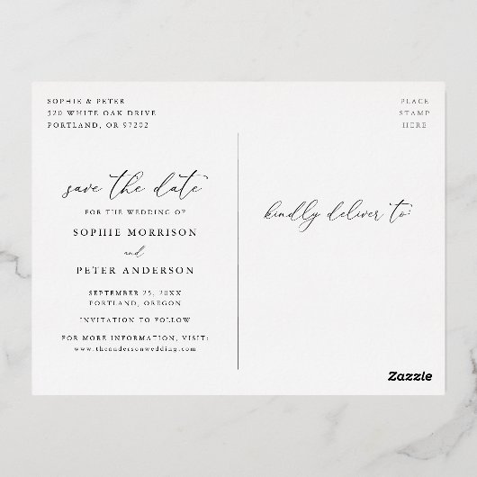 Einfach elegantes Skript-Foto Save the Date Folie Einladungspostkarte (Rückseite)