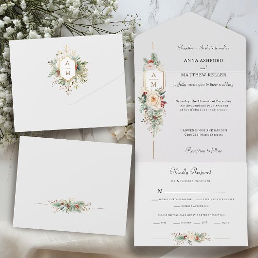 Einfach elegantes Weihnachtsblumenmonogramm All In One Einladung