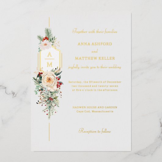 Einfach elegantes Weihnachtsblumenmonogramm Folieneinladung (Vorderseite)