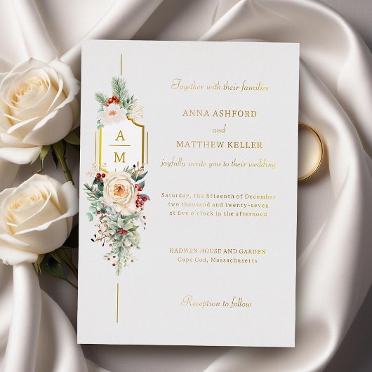 Einfach elegantes Weihnachtsblumenmonogramm Folieneinladung