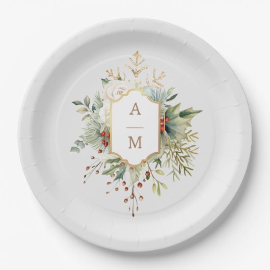 Einfach elegantes Weihnachtsblumenmonogramm Pappteller (Vorderseite)