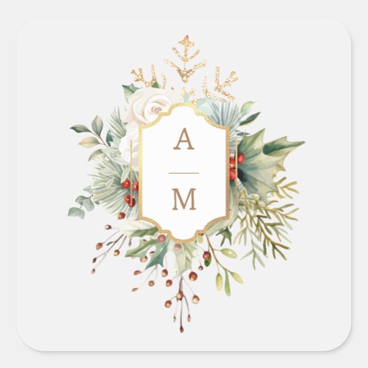 Einfach elegantes Weihnachtsblumenmonogramm Quadratischer Aufkleber (Vorderseite)