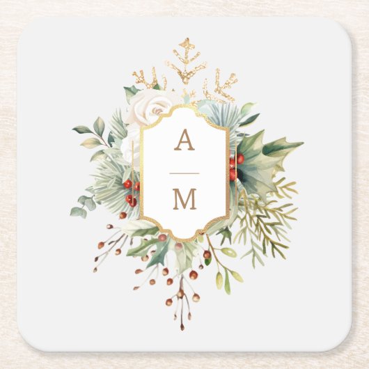 Einfach elegantes Weihnachtsblumenmonogramm Rechteckiger Pappuntersetzer (Vorderseite)