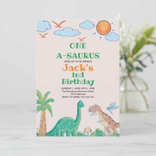 Einfach Erster Geburtstag Dinosaurier Einladung (Stehend Vorderseite)