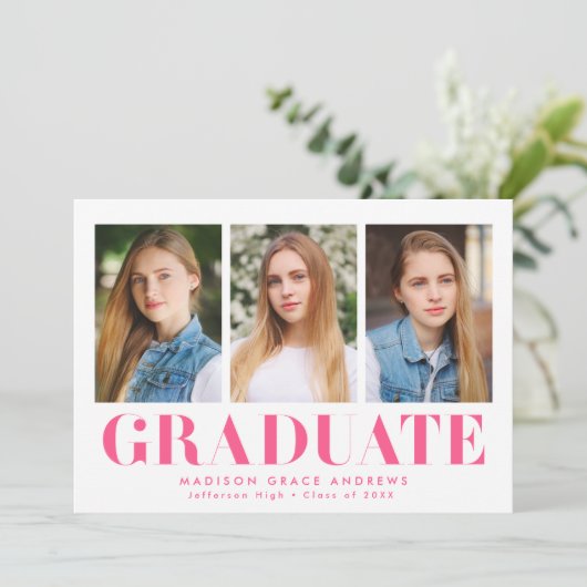 Einfach Fett-Hot-Pink-3-Foto-Graduierungsparty Einladung (Stehend Vorderseite)