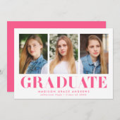 Einfach Fett-Hot-Pink-3-Foto-Graduierungsparty Einladung (Vorne/Hinten)