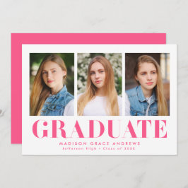 Einfach Fett-Hot-Pink-3-Foto-Graduierungsparty Einladung