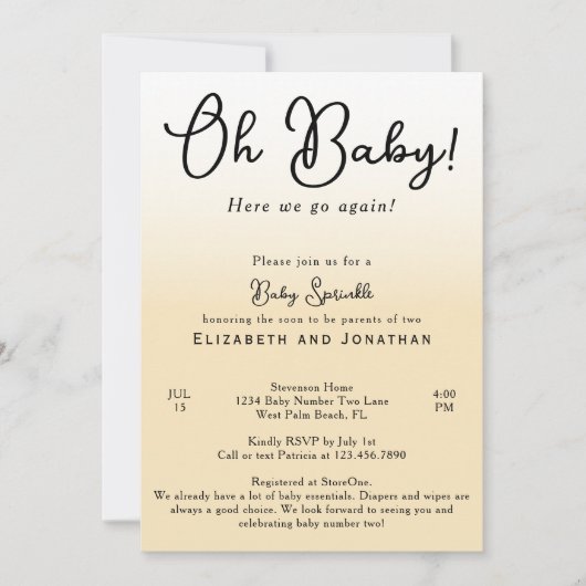 Einfach Funny Oh Baby Yellow 2. Baby Sprinkle Einladung (Vorderseite)