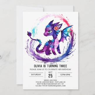 Einfach gemalt Dragon Digital Girl Geburtstag Einladung