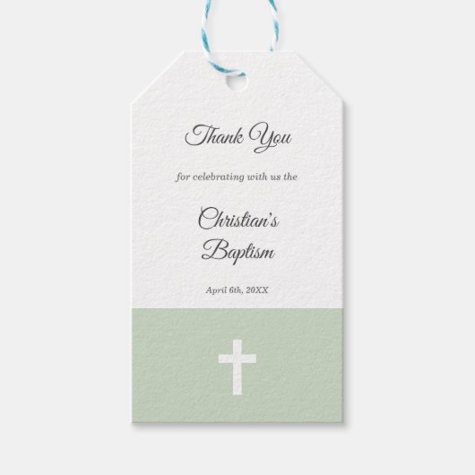 Einfach, grün mit Kreuztaufe Danke Geschenkanhänger (Vorderseite)
