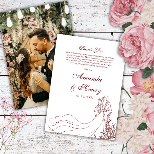 Einfach handgezeichnetes Foto Burgundy Wedding Dankeskarte