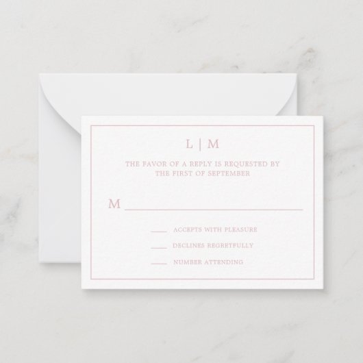 Einfach hellrosa Monogram Mini Wedding RSVP Mitteilungskarte (Vorderseite)