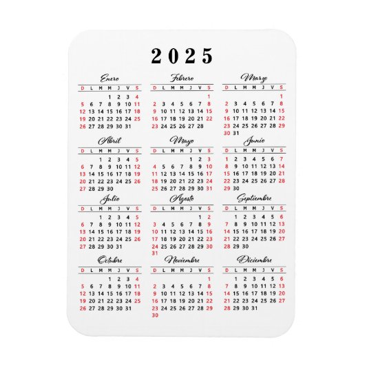 Einfach Kalender 2025 in Spanisch Weiß Schwarz Rot Magnet (Vertikal)