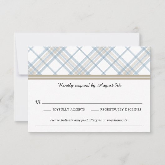 Einfach Kariert Blue & Tan Wedding RSVP (Vorderseite)