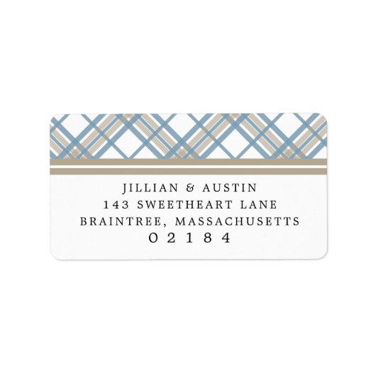 Einfach Karierte Blue & Tan Wedding Rücksendeadres Adressaufkleber (Vorne)