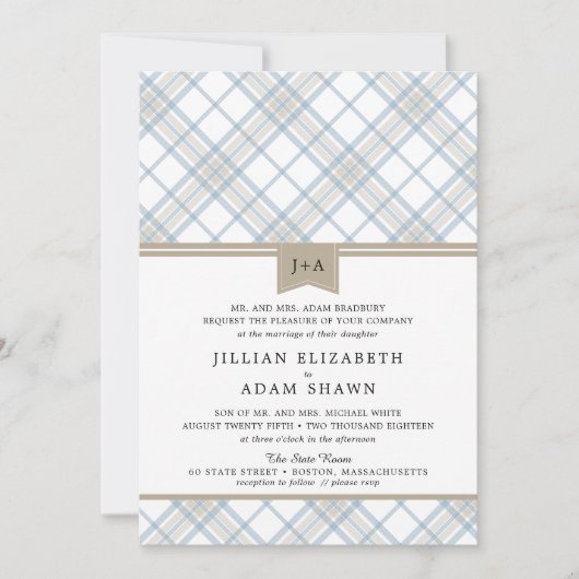 Einfach Kariertes Blue & Tan mit Monogram Wedding Einladung (Vorderseite)