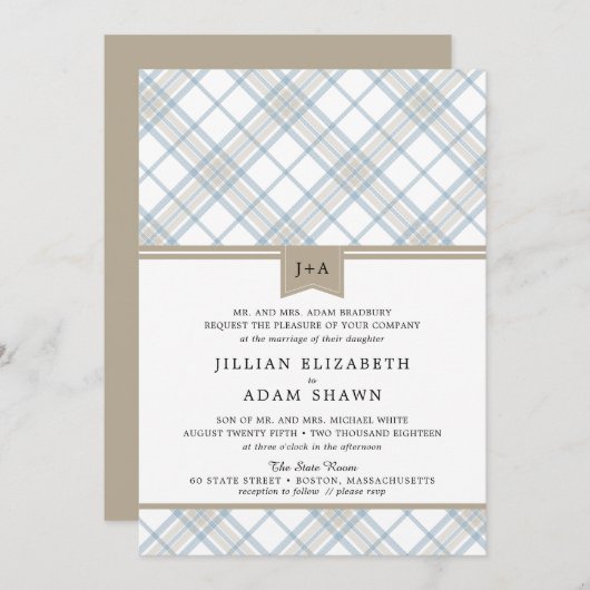 Einfach Kariertes Blue & Tan mit Monogram Wedding Einladung (Vorne/Hinten)