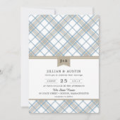 Einfach Kariertes Blue & Tan mit Monogram Wedding Einladung (Vorderseite)