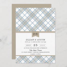 Einfach Kariertes Blue & Tan mit Monogram Wedding Einladung
