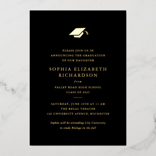 Einfach klassischer Abschluss mit Schwarz und Weiß Folieneinladung (Vorderseite)