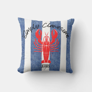 "EINFACH KLAWESOME" Roter Hummer auf Denim Streife Kissen