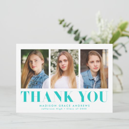 Einfach kühl Türkis 3 Foto Abschluss Dankeskarte (Stehend Vorderseite)