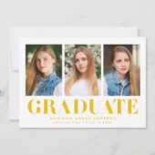 Einfach kühne, gelbe 3-Foto-Graduationspartei Einladung (Vorderseite)
