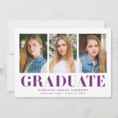 Einfach kühne Lila 3-Foto-Graduierungsparty Einladung (Vorderseite)
