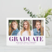 Einfach kühne Lila 3-Foto-Graduierungsparty Einladung (Stehend Vorderseite)