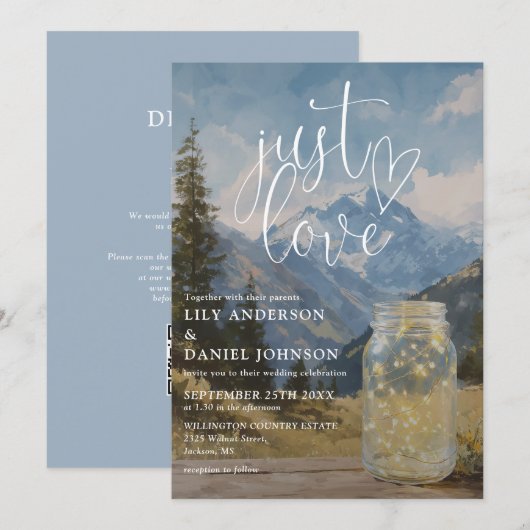 Einfach Liebe Boho Mountain Mason Jar QR Code Hoch Einladung (Vorne/Hinten)