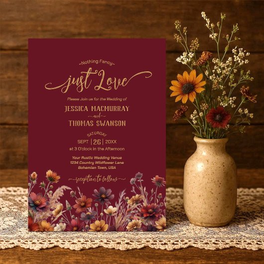 Einfach Liebe Rustikale Burgunder Boho Wildblumen Einladung