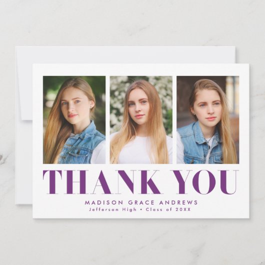 Einfach Lila 3-Foto-Abschluss Dankeskarte (Vorderseite)