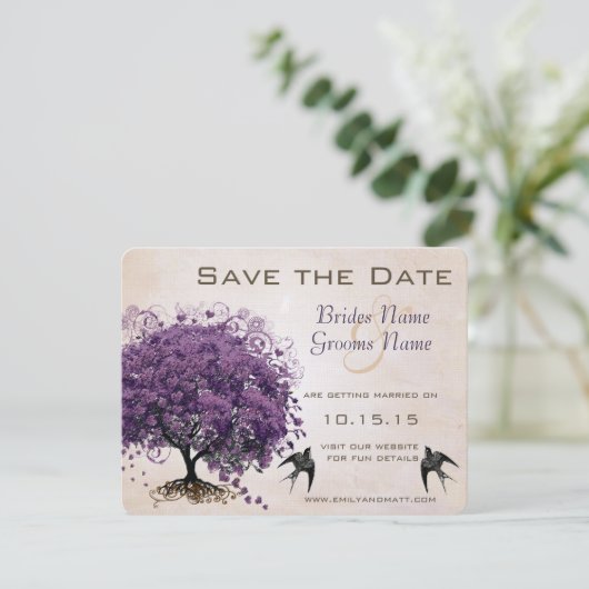 Einfach Lila Heart Leaf Tree Save the Date Peachy (Stehend Vorderseite)