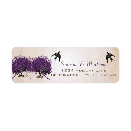 Einfach Lila Heart Leaf Tree Wedding Label (Vorne)