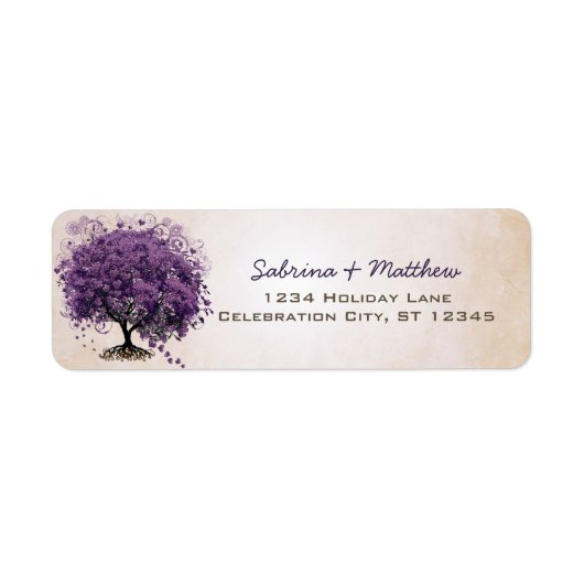 Einfach Lila Heart Leaf Tree Wedding Label (Vorne)
