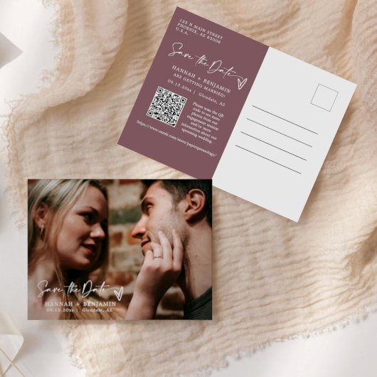 Einfach Lila QR-Code-Foto Save the Date Postkarte