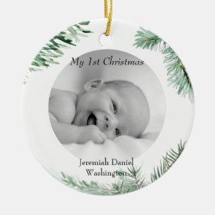 Einfach mein 1. Weihnachts B/W Foto Pine Bough Keramik Ornament