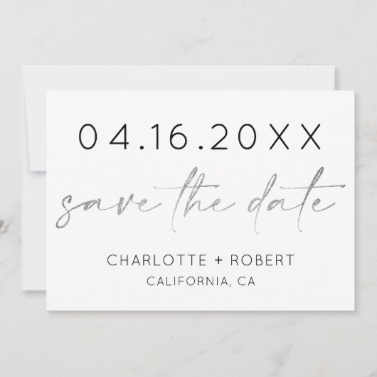 Einfach-minimaler Silber-Script-Schriftart Save th The Date (Vorderseite)