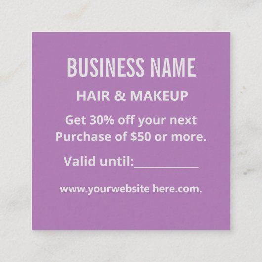 Einfach Minimalistisch Moderne Lila & weiß Rabattkarte (Rückseite)