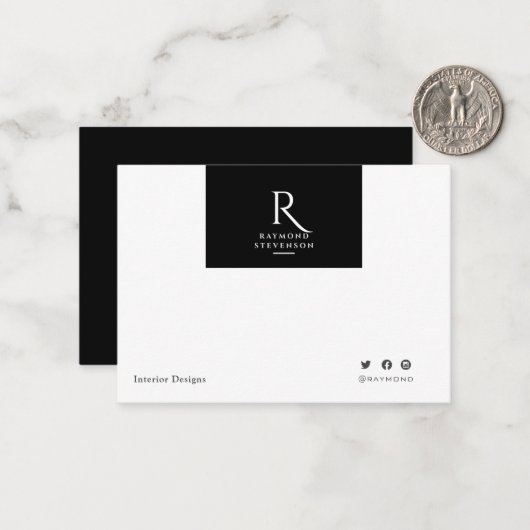 Einfach Minimalistisch Schwarz-weiß Mit Monogramm Mitteilungskarte (Vorderseite/Rückseite Beispiel)