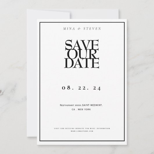 Einfach Minimalistische Schwarz-Weiß-Hochzeit Save The Date (Vorderseite)