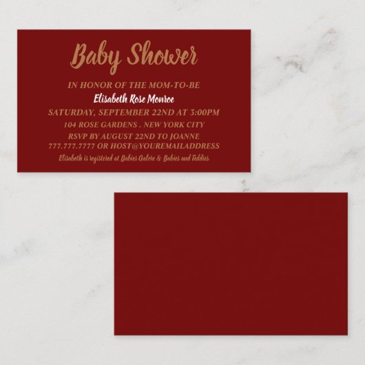 Einfach & modern, Red & Gold Baby Duschkarte Visitenkarte (Vorne/Hinten)