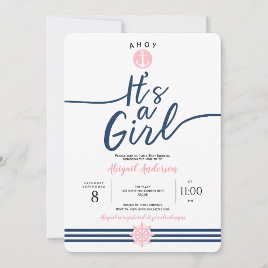 Einfach. Modern, Streifen, nautisch, Baby Girl Einladung (Vorderseite)