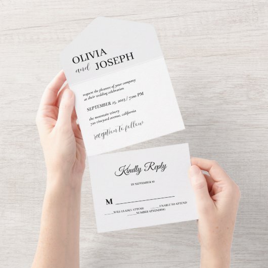 Einfach modern und Minimalistisch | Weiße Hochzeit All In One Einladung (Abreißen)