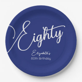 Einfach moderne Script Navy Blue 80. Geburtstagspa Pappteller