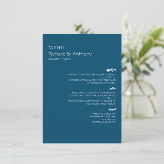 Einfach moderne, trendige Hochzeit Menükarte (Stehend Vorderseite)